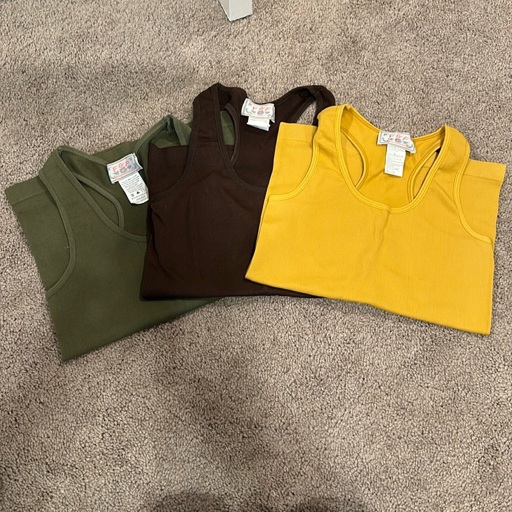 Set of Three Tank Tops in Yellow, Brown, and Green
